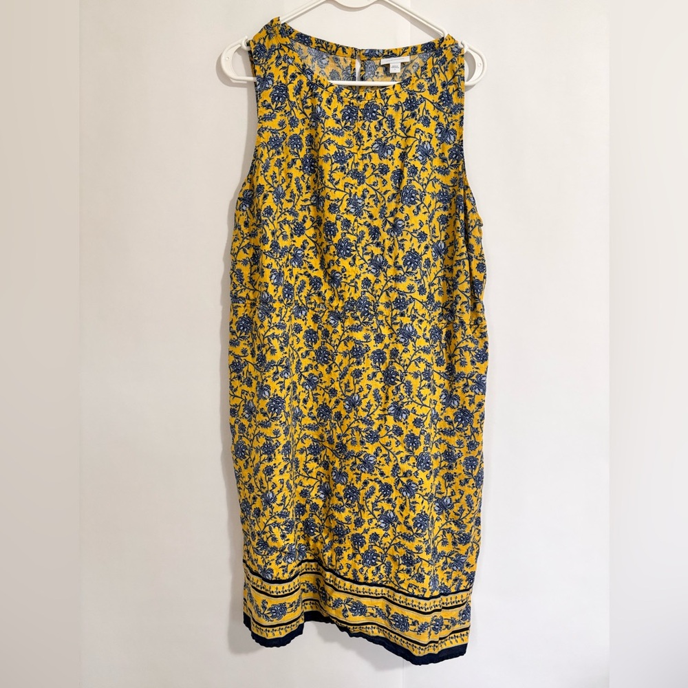 J JILL Linen Floral Yellow and Blue Sleeveless Dress